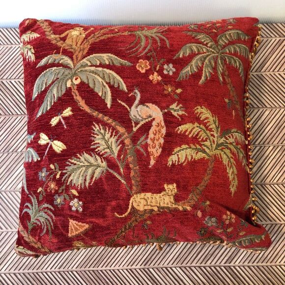 Vintage Tapestry Throw Pillow with Wood Beads Exotic Animal Scene Maximalist HTF